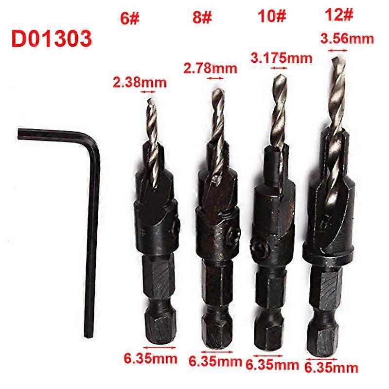 4PCSSET Cone-hole Inverted Angle Drill 14" Hexagonal Shank Hole Drill Sinking Countersink Drill Bit Woodworking Hole Opener