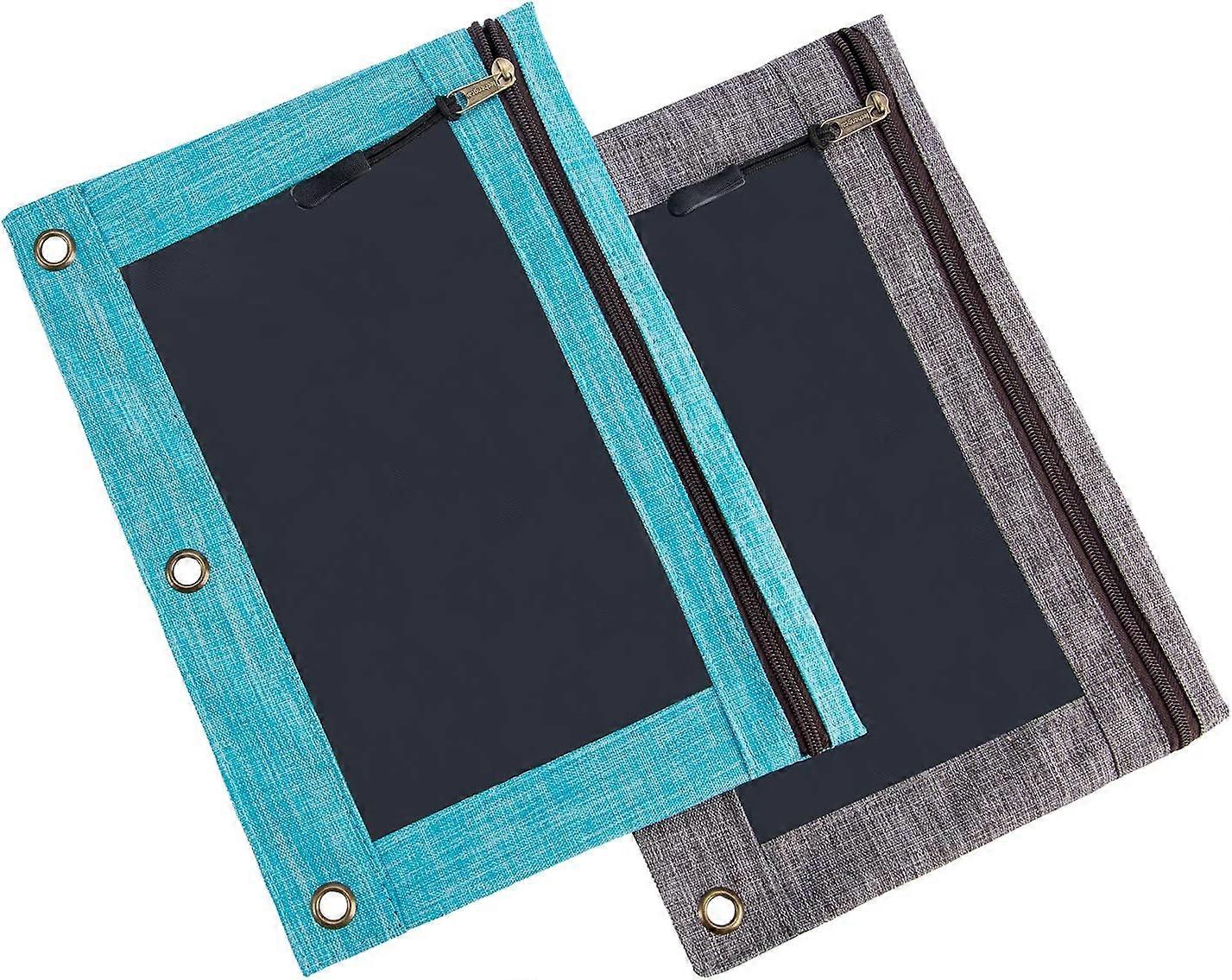 3 Rings Binder Pencil Pouch, Pencil Case with Clear Window (Grey&Blue 2pack)