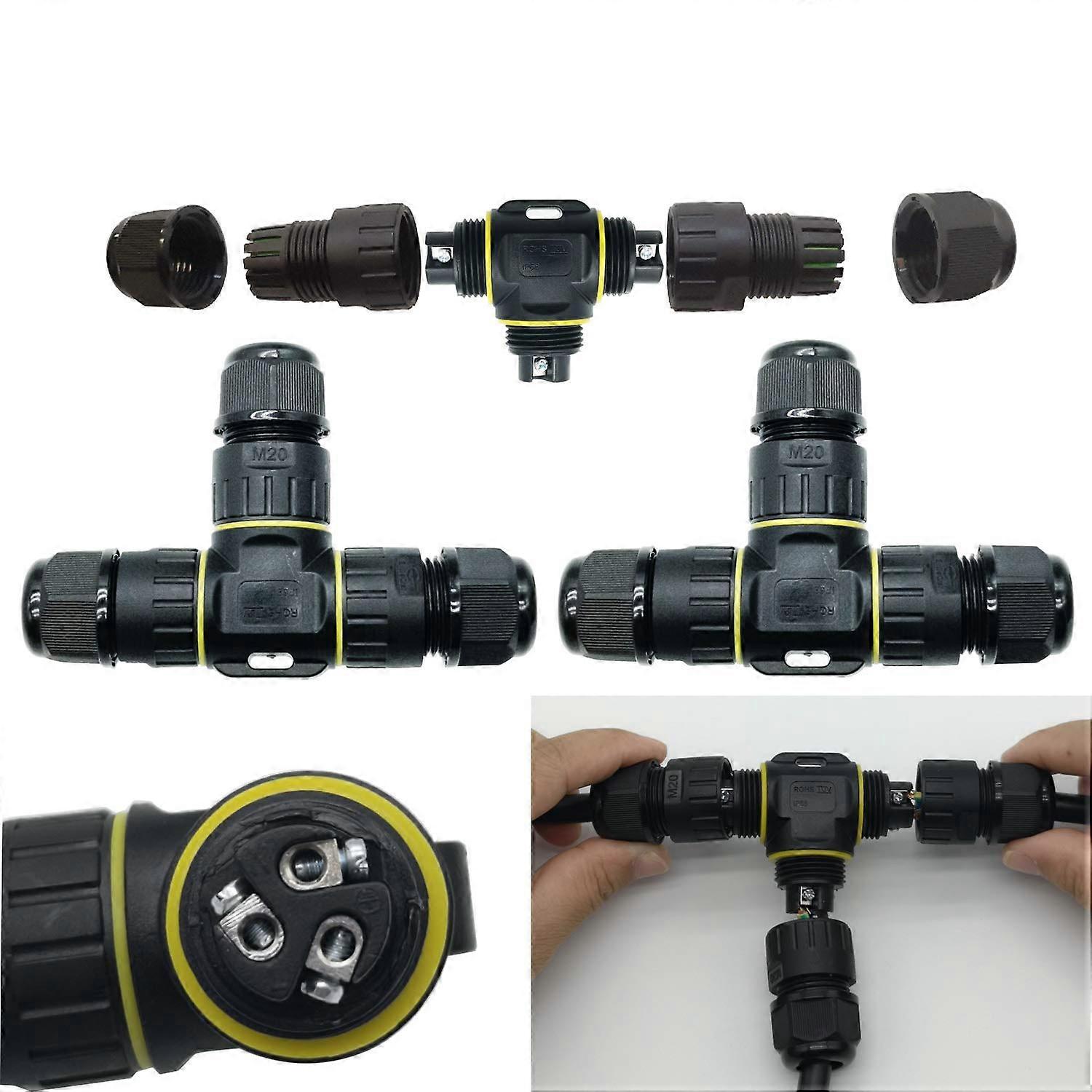 2pc IP68 Waterproof Connector T-Shape/Max 12mm/Connection Cable Socket(3 Pole)