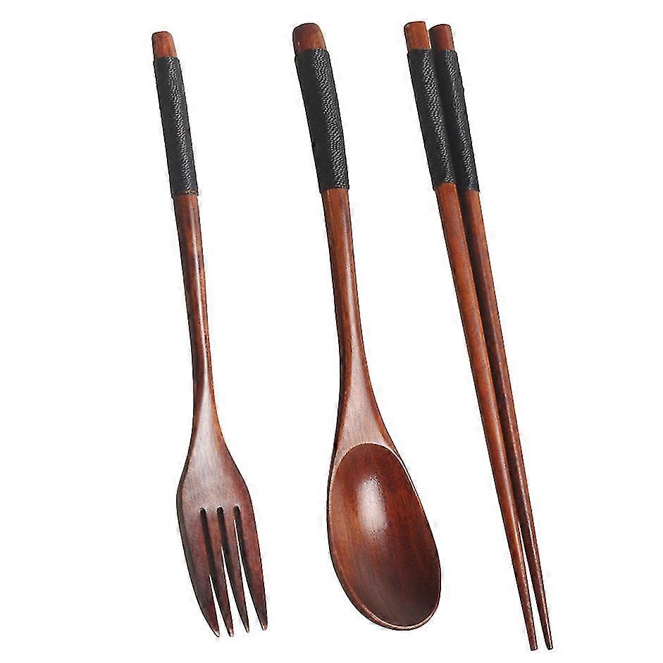 Wooden Flatware Set, Wooden Portable Set Chopsticks Spoon Fork Tableware Dinnerware With Black Twin