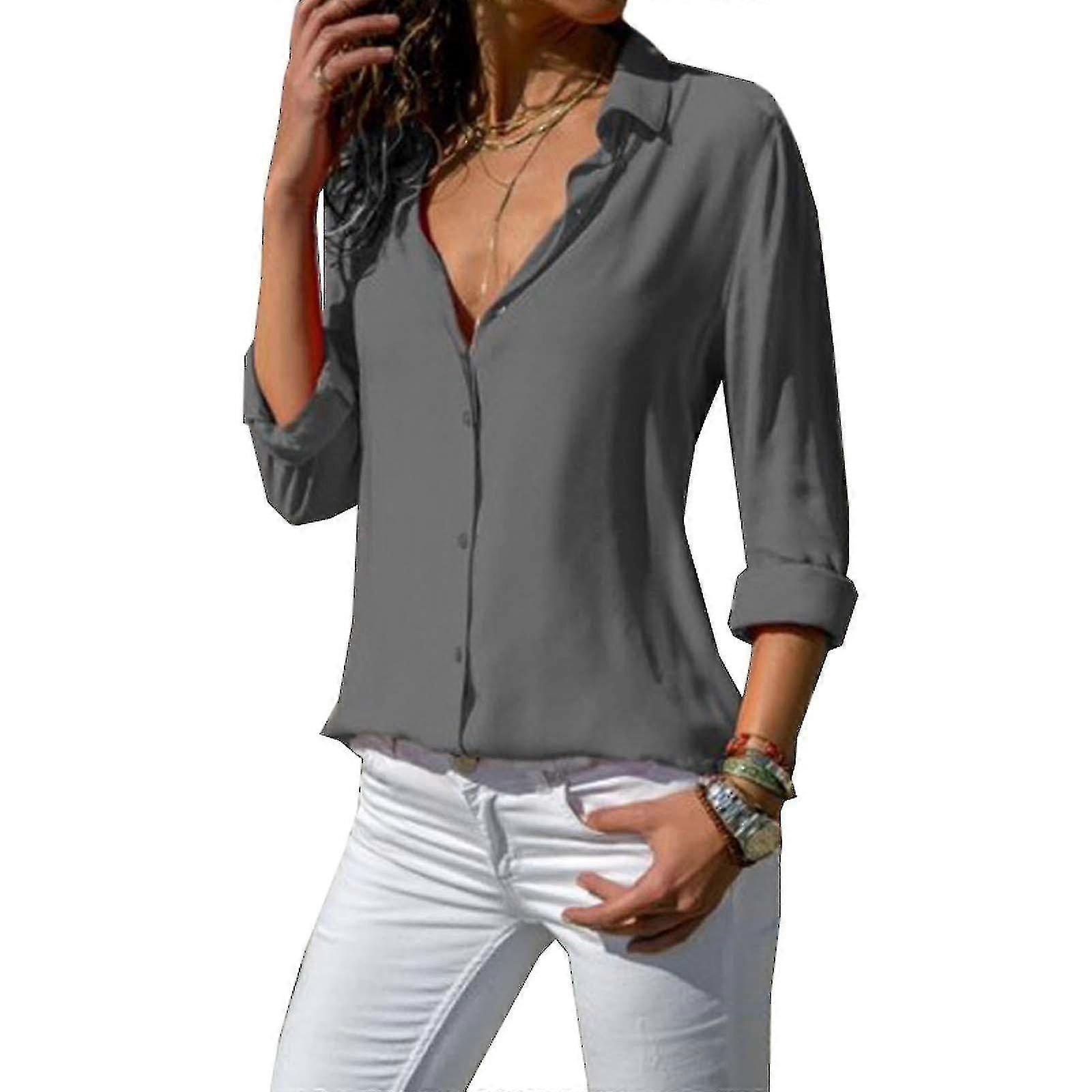 Women Long Sleeve Solid Button Down Lapel Shirt