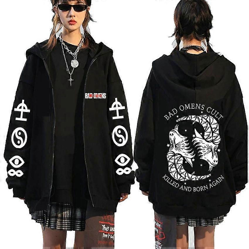 ロックバンドバッドオーメンズカルト殺されて生まれ変わった両面プリントジッパーパーカー男性女性ビンテージパンゴシックジップアップジャケット