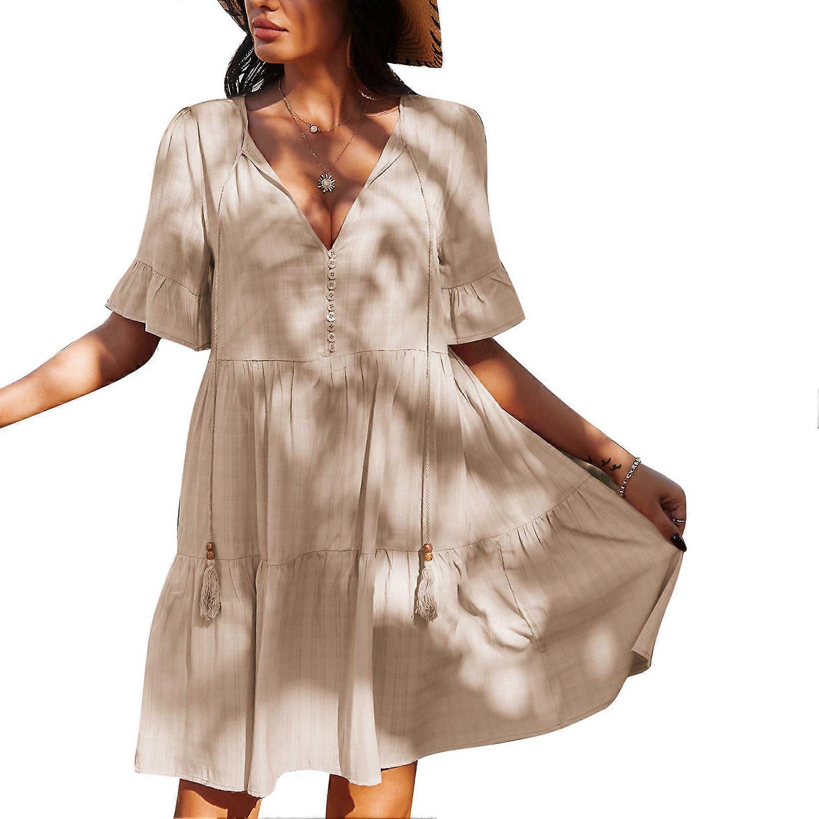 Kvinnor Strand Täcka Upp Lös Casual V-ringad Klänningar Kvinnor Sommar Baddräkter för Pool Semester Vardagskläder Aprikos XL