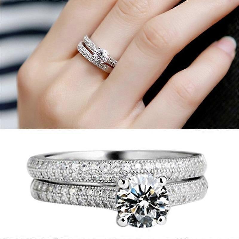 Silver Double Zircon Wedding Rings Set