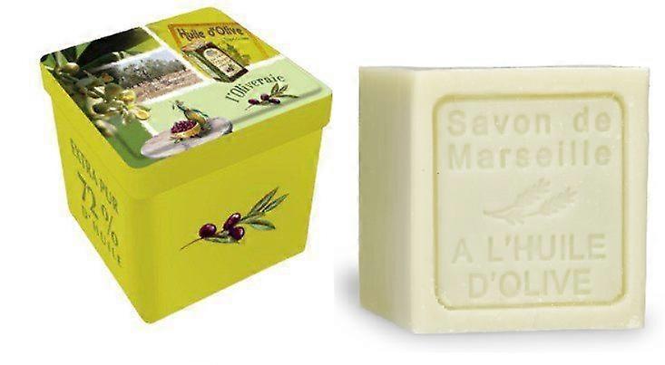 Metal soap tin square with print l'Oliveraie with soap block Olive oil – Vintage stock tin – Fra