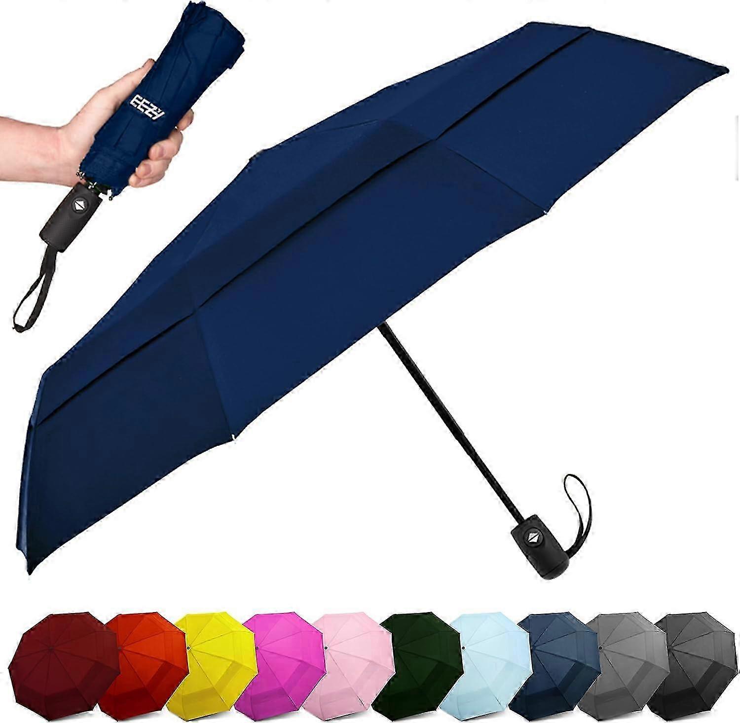 Compact Travel Umbrella w/Windproof Double Canopy Construction - Auto Open Close Button for One Handed Operation - Sturdy and