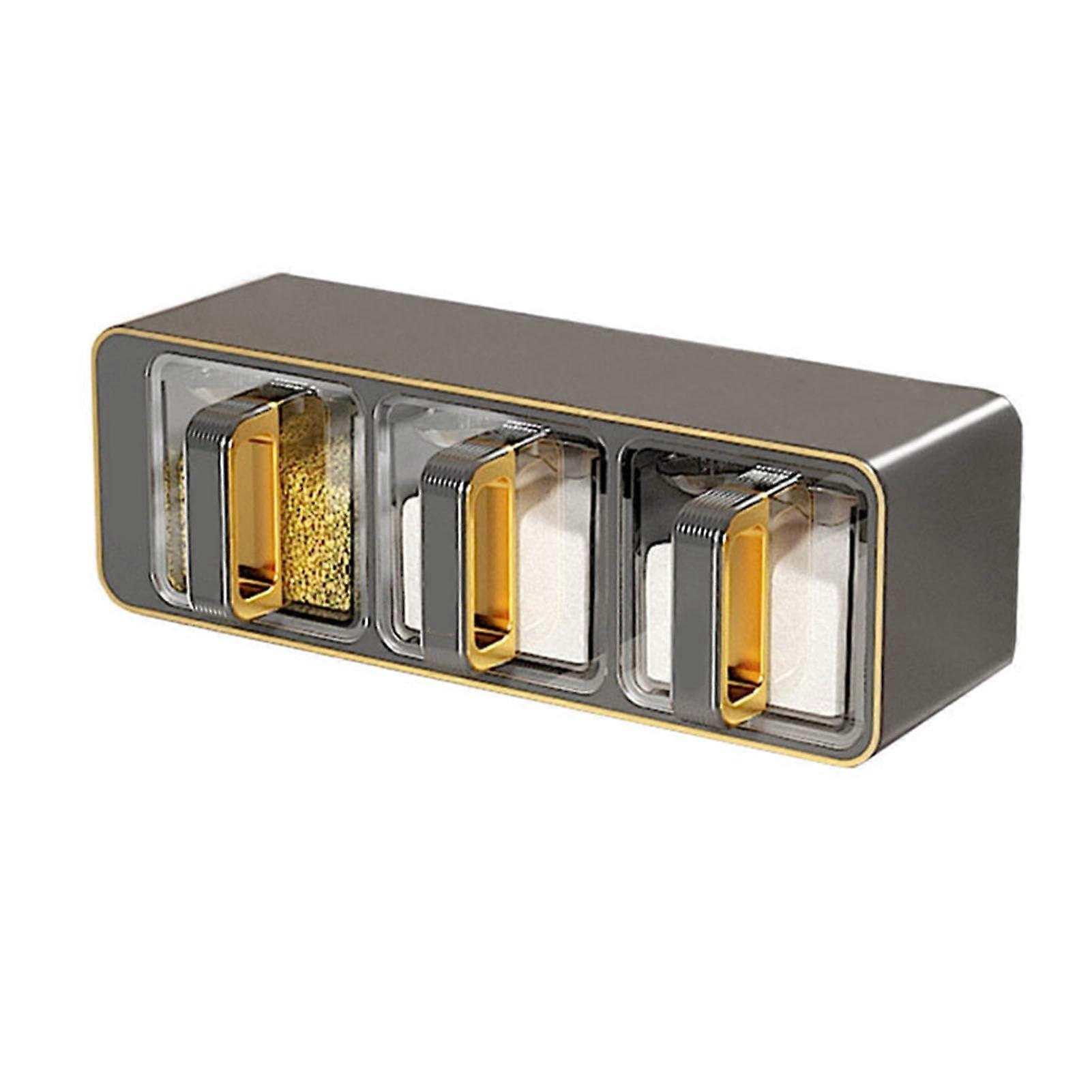 Acrylic Spice Storage Box with 3 Compartments, Transparent Spice Rack with Lid and Spoon, Black Spice Container