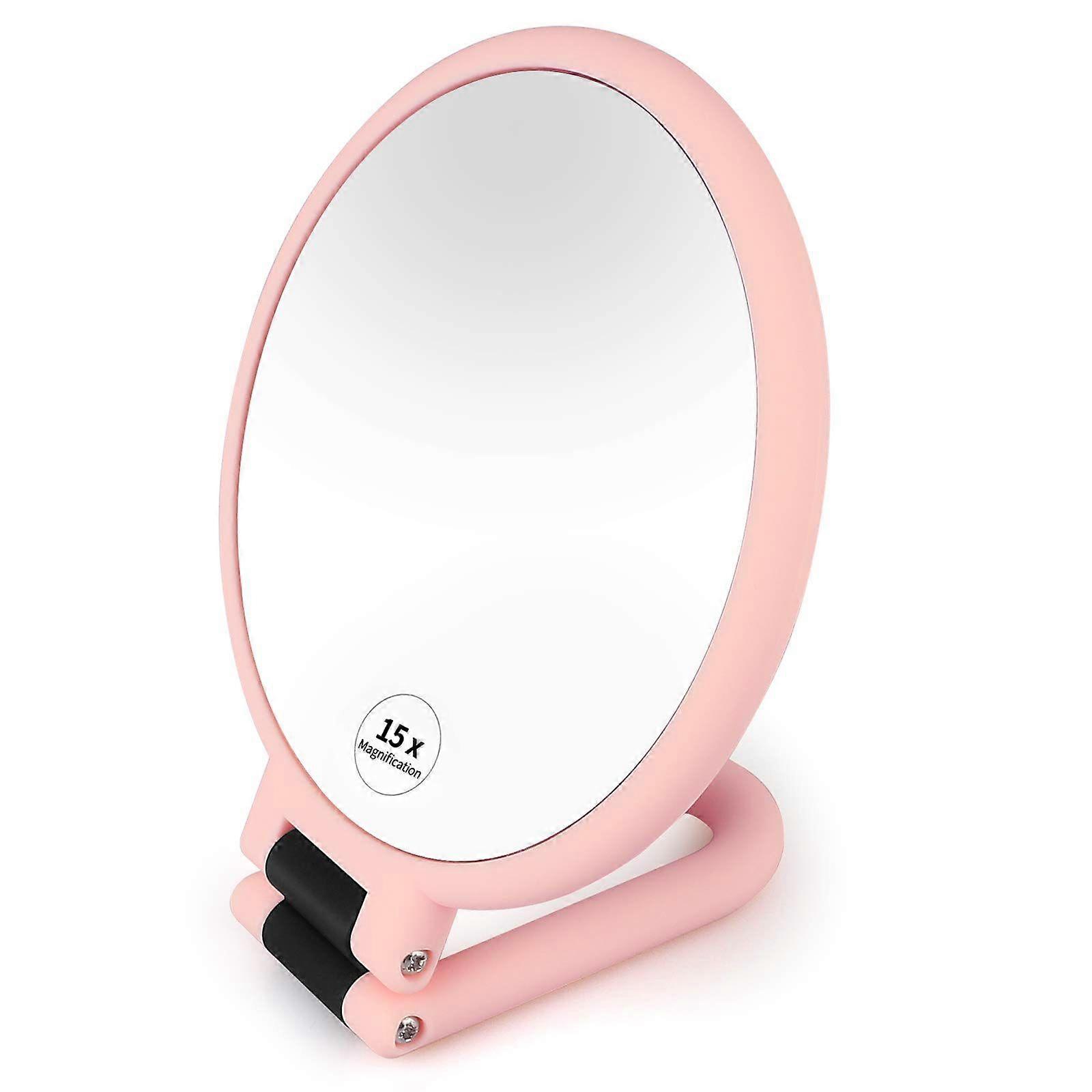 15x Magnification Handheld Mirror, Double Sided Vanity Mirror with 1X 15X Magnification and Adjustable Folding Handle, Handheld Stand Travel Mirror, P