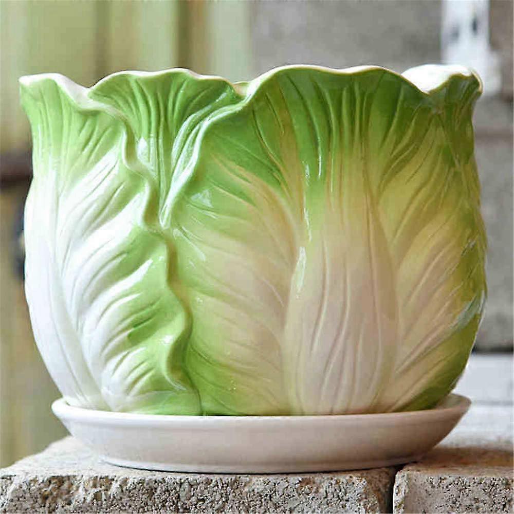 Large Cabbage Ceramic Flower Pot with Tray Indoor Green Plant Container