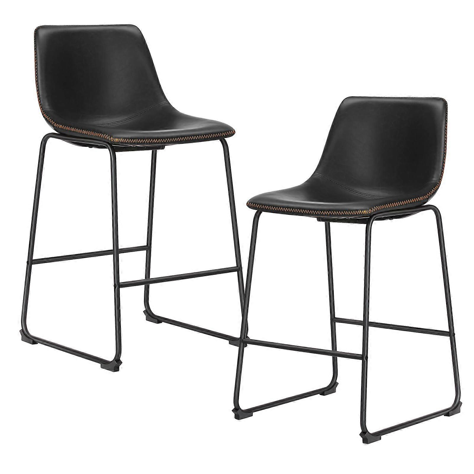 Counter Height Bar Stools Set of 2, 26 inch Stool Faux Leather Barstools with Back Modern Black