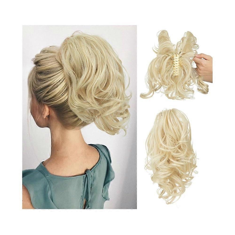 Bun Wig for Women, Adjustable Short Clip-In Ponytail with Gold Voluminous Curls, Messy Bun Style