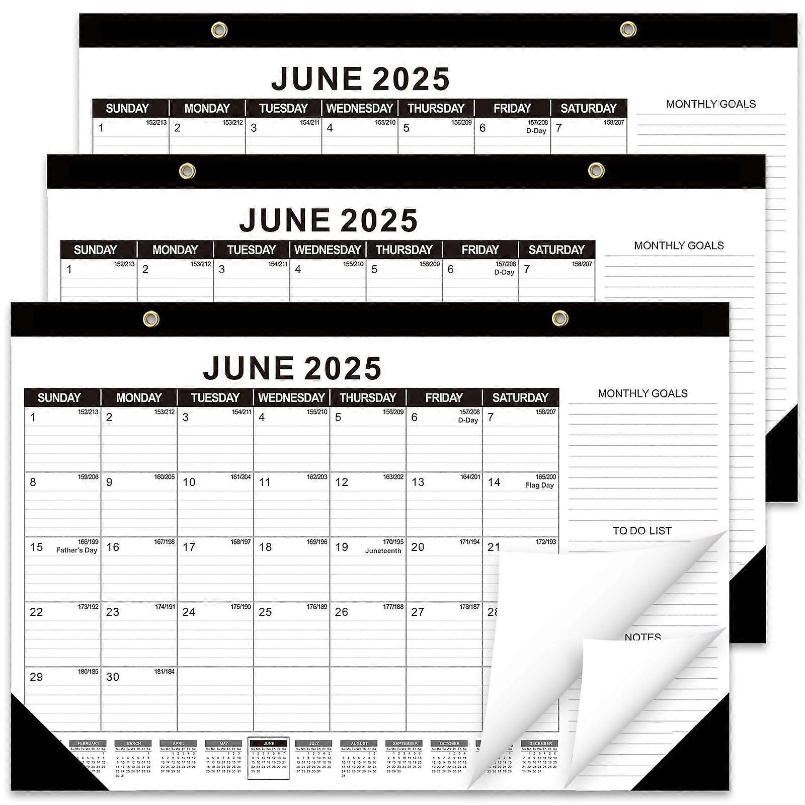 Desk Calendar 2025, 3 Pack, 19-Month, 17 x 11.5 Inch, Julian Date, To-Do List, Notes, Monthly Goals, Home School Office