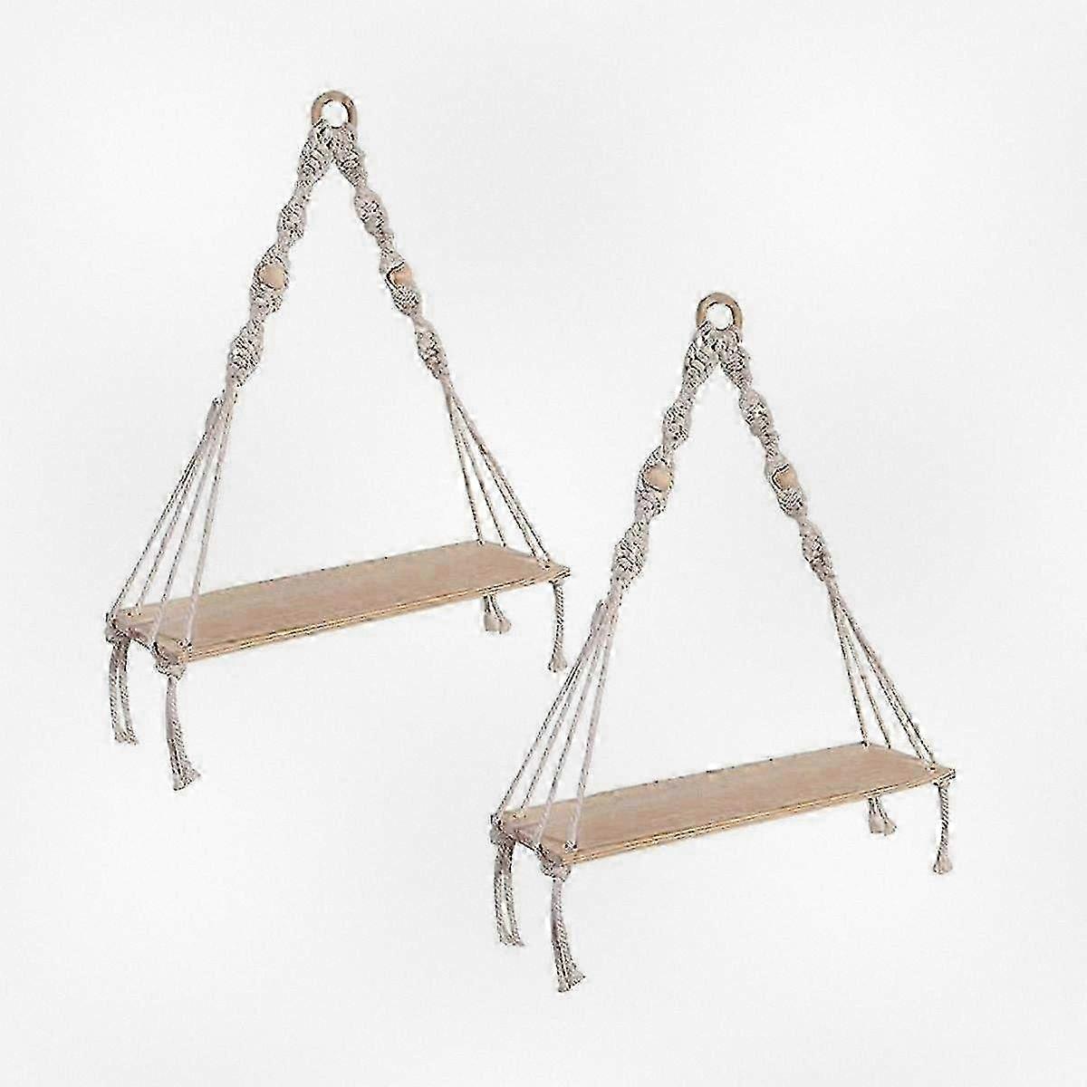 Boho Wooden Wall Shelf with Macrame Hanging for Plants, Set of 2 Handmade Floating Shelves 2025