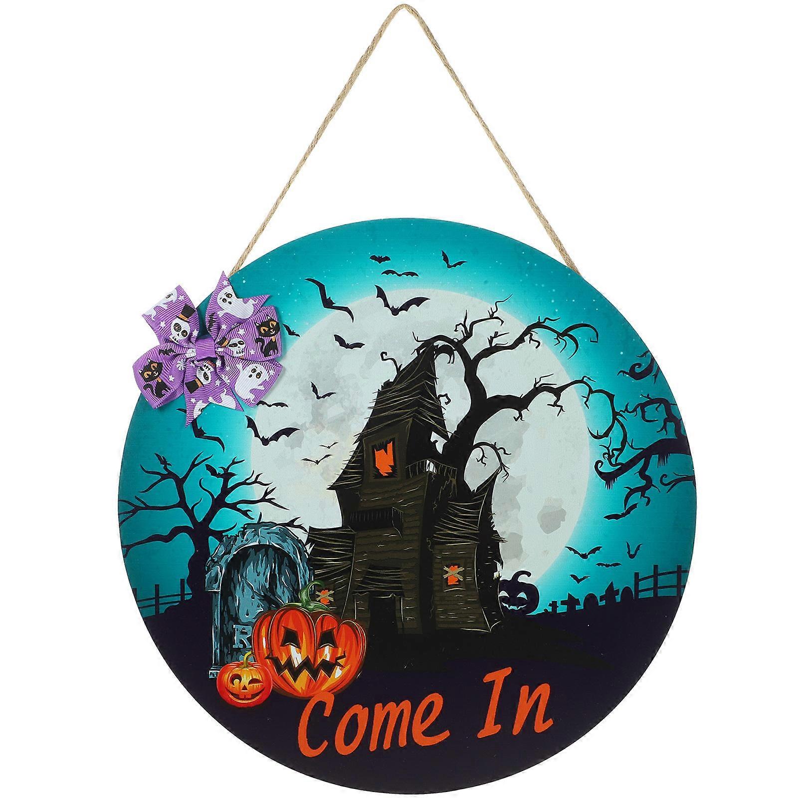 Round Halloween Wood Hanging Sign Assorted Color Wall Decoration For Halloween Party 30X30CM 1Set