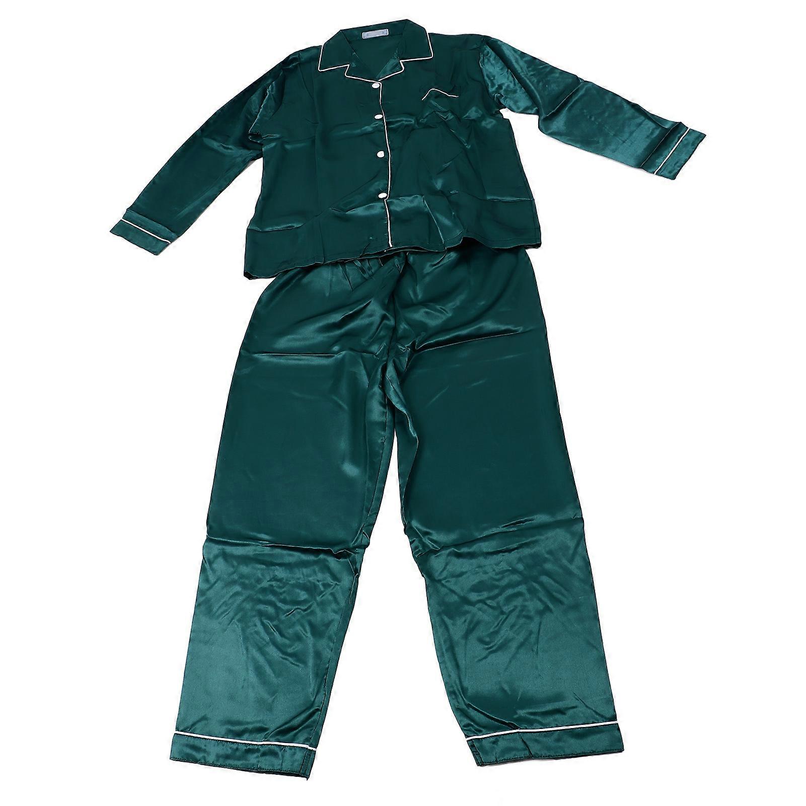 Men Pajama Set Long Sleeve Button Up Turn Down Collar Top Long Leg Pants Ice Silk Cool Comfortable Sleepwear Blackish Green XL