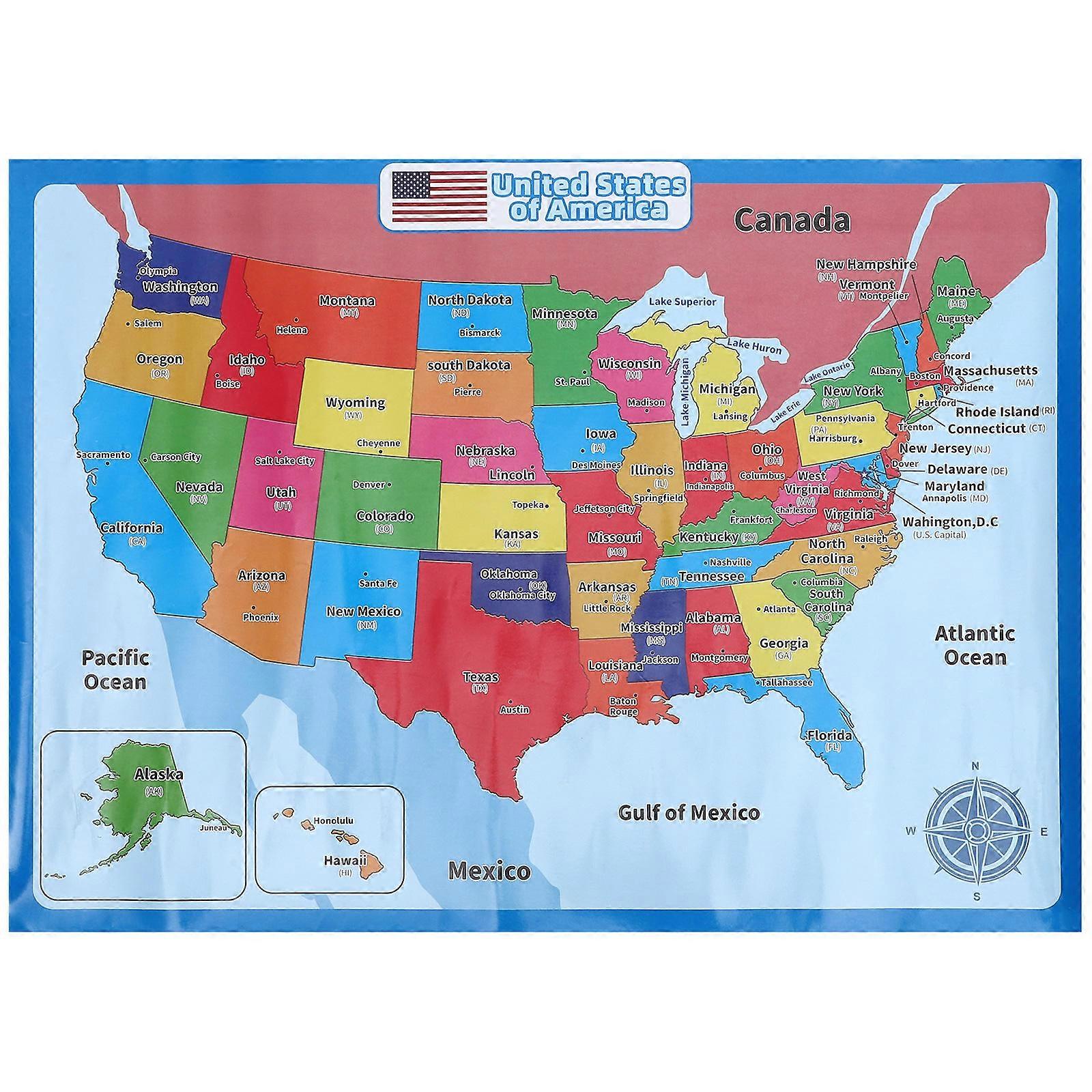 US States Map Poster Fade Resistant Educational Learning Tool for Preschool Classrooms & Home Decor Use