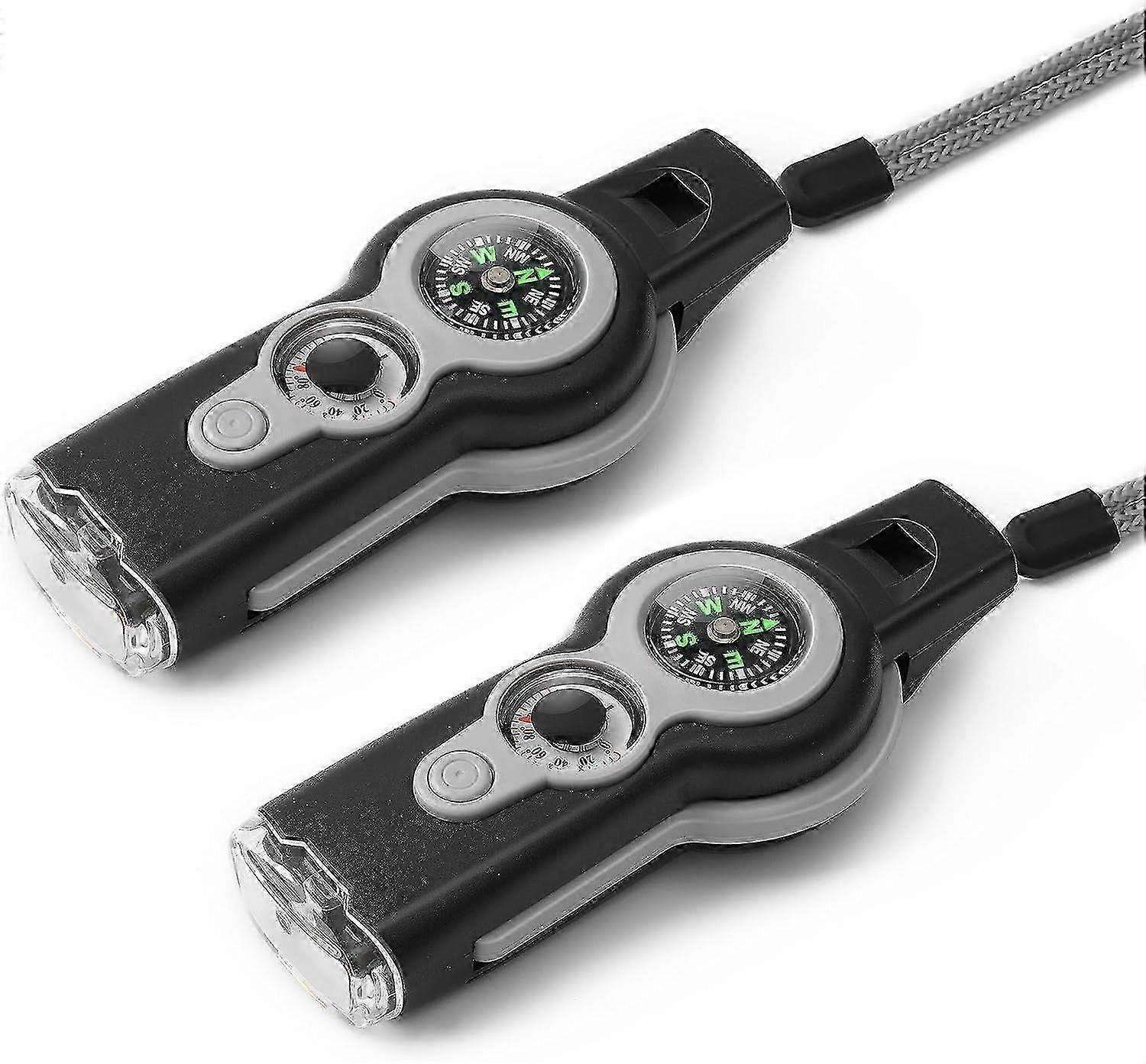 Emergency whistle, 7 in 1, Multifunctional compass, 2 pieces, Multitool safety whistle for outdoor with cord - With compass and thermometer - Emergenc