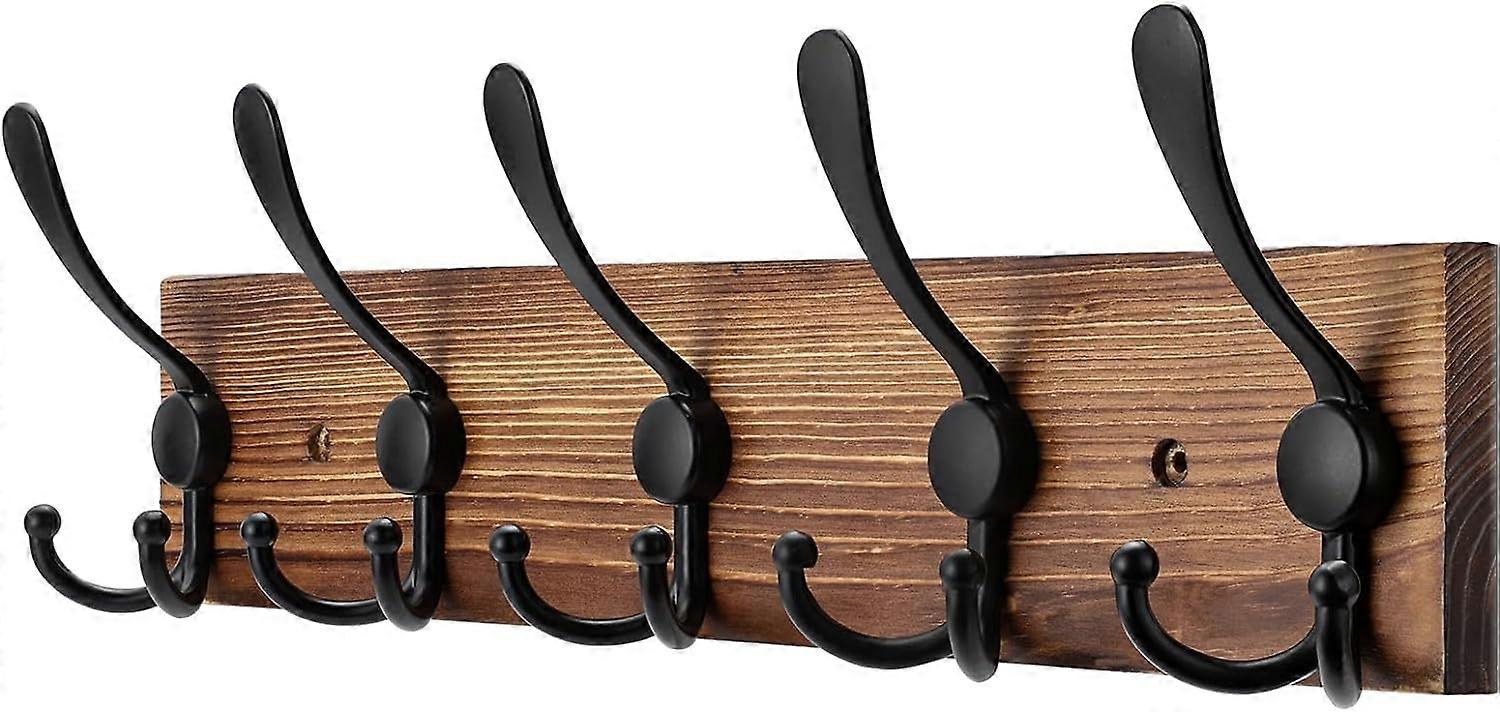 HG Wall Mounted Wooden Coat Rack For Wall Hook Pine Solid Wood Board 16' Brown Coat Rack With 5 Triple Hooks For Hanging Coats Hats Jackets