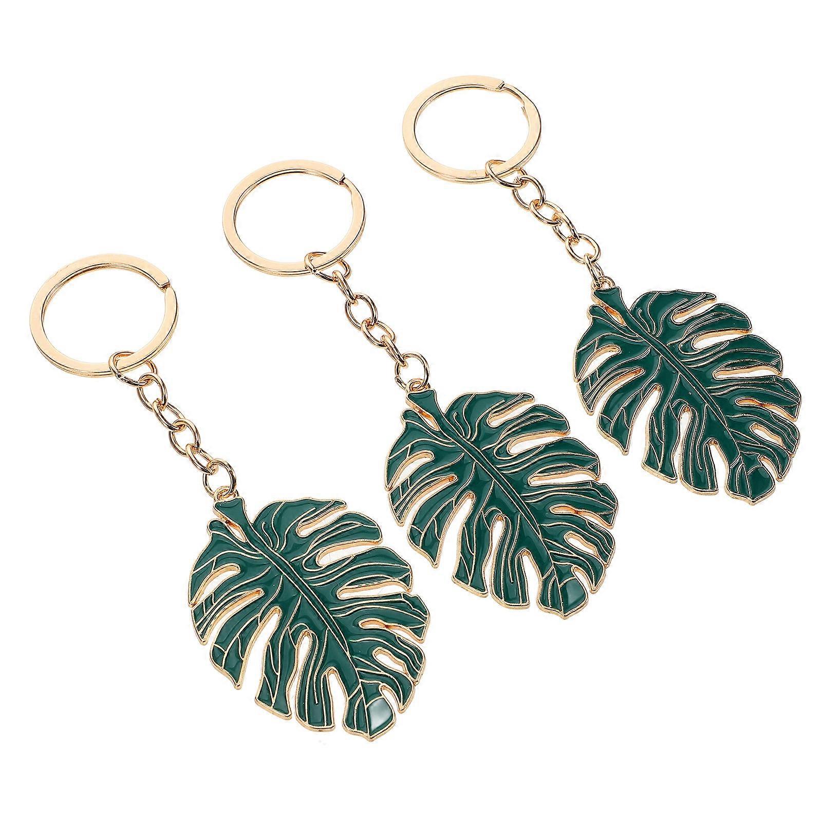 Tropical Palm Leaf Keychain in Dark Green Alloy for Decoration Unique Bag Charm and Key Pendant 3 Pieces
