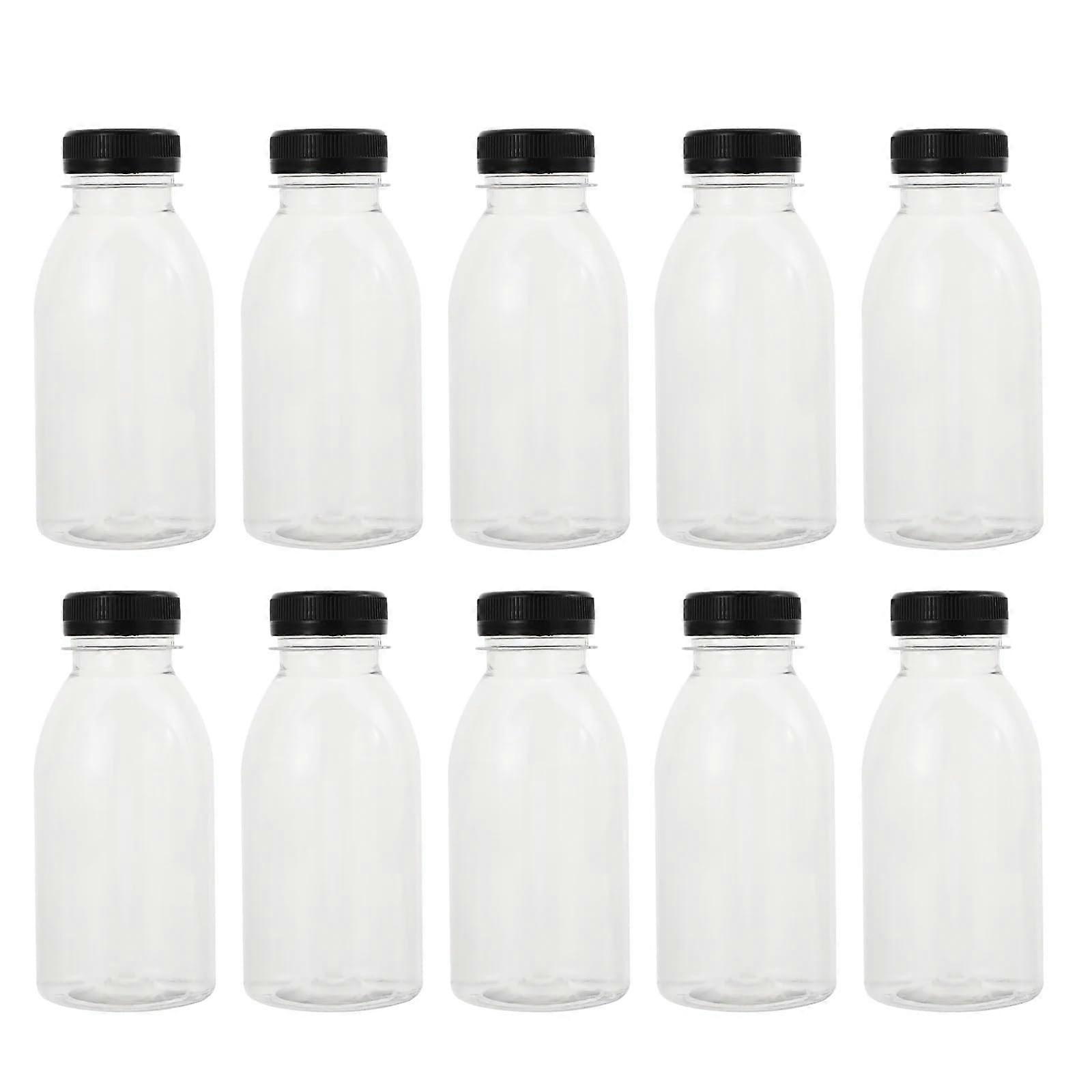 Plastic Juice and Milk Bottle Set of 10, 300ml Leak-Proof Transparent Water Bottles for On-the-Go, Black