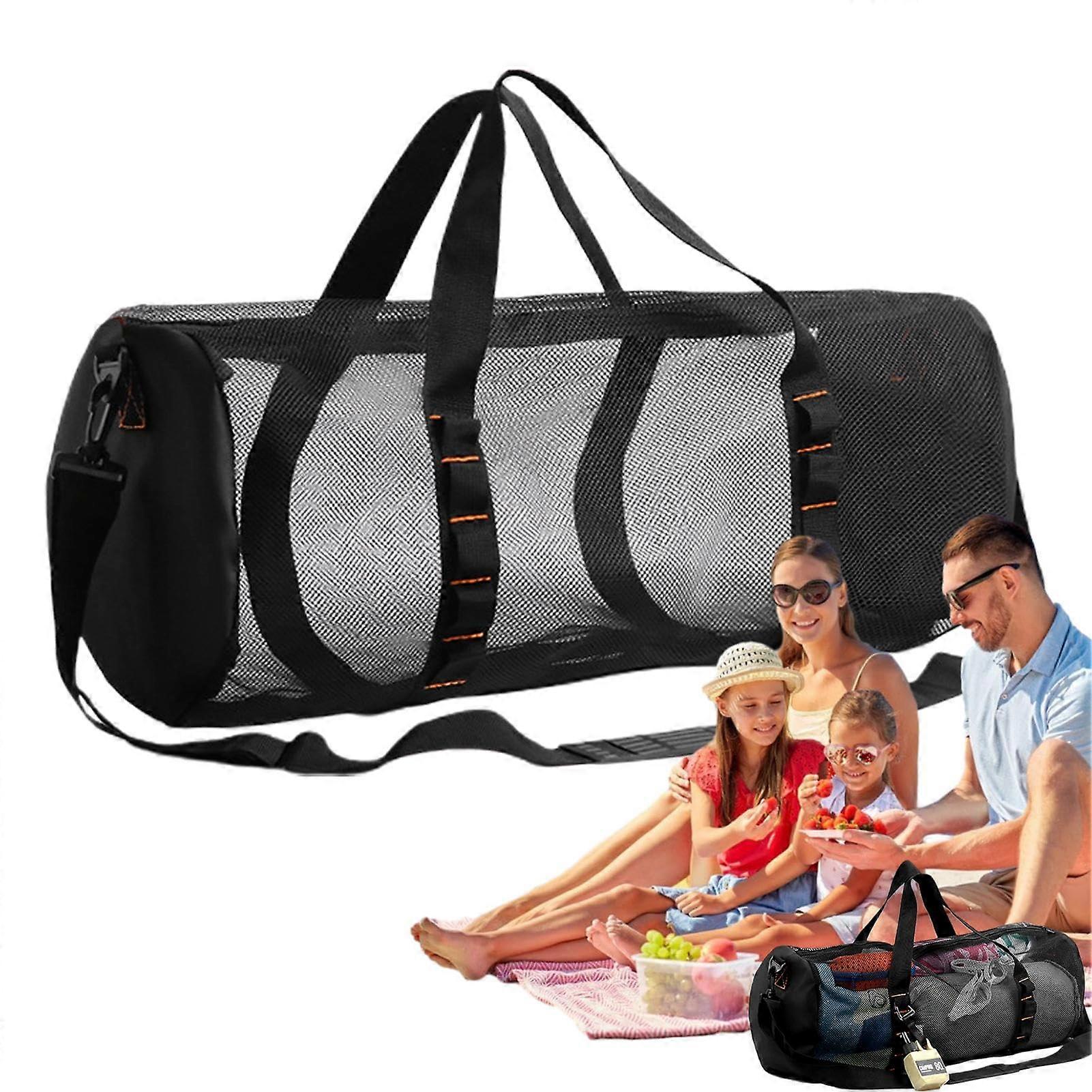 Mesh Gym Bag - Large Capacity Cylindrical Diving Bag with Adjustable Strap, Inner Hook, and Breathable Mesh Design in Black