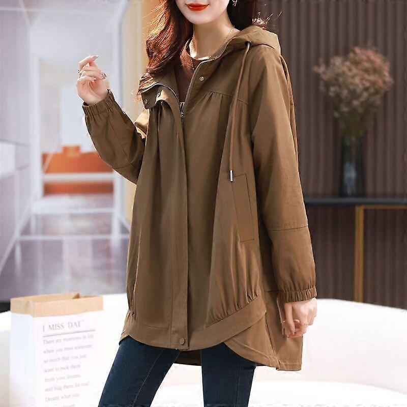 Women's Spring and Autumn Plus Size Hooded Zipper Section Medium Long Loose and Thin Windbreaker Jacket