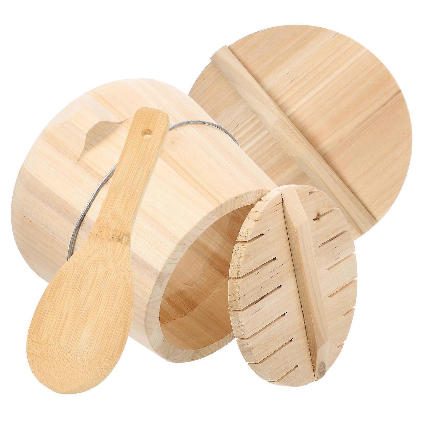 1pc Wooden Rice Bucket with Flat Lid for Steaming Kitchen Tool Rice Barrel