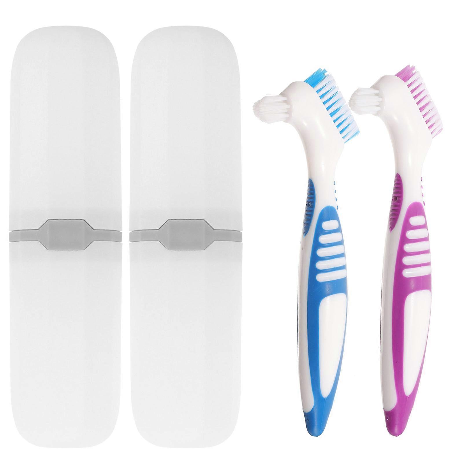 Oral Cleaning Tools 2 Sets Portable Dental Denture Cleaning Travel Supplies Assorted Color Double-Sided Ergonomic Handle