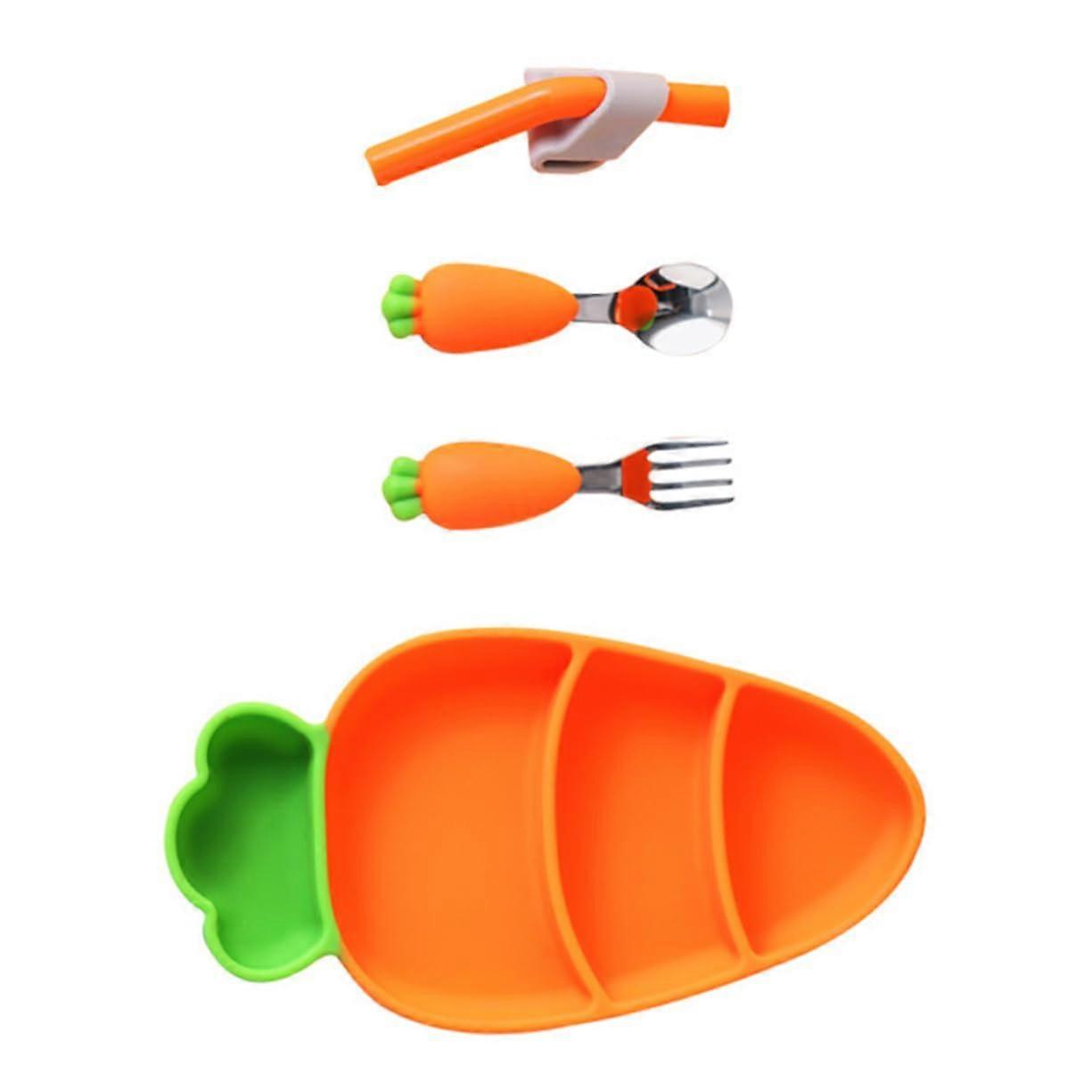 Cutlery Carrot Design Silicone Plate Spoon Fork Straw Ergonomic Sterilizable Feeding Utensils For Weaning Transition