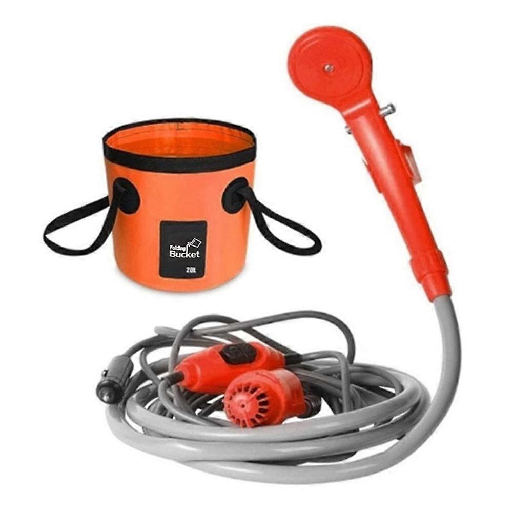Outdoor Portable Shower Collapsible Bucket Kit connects to 12V adapter Orange