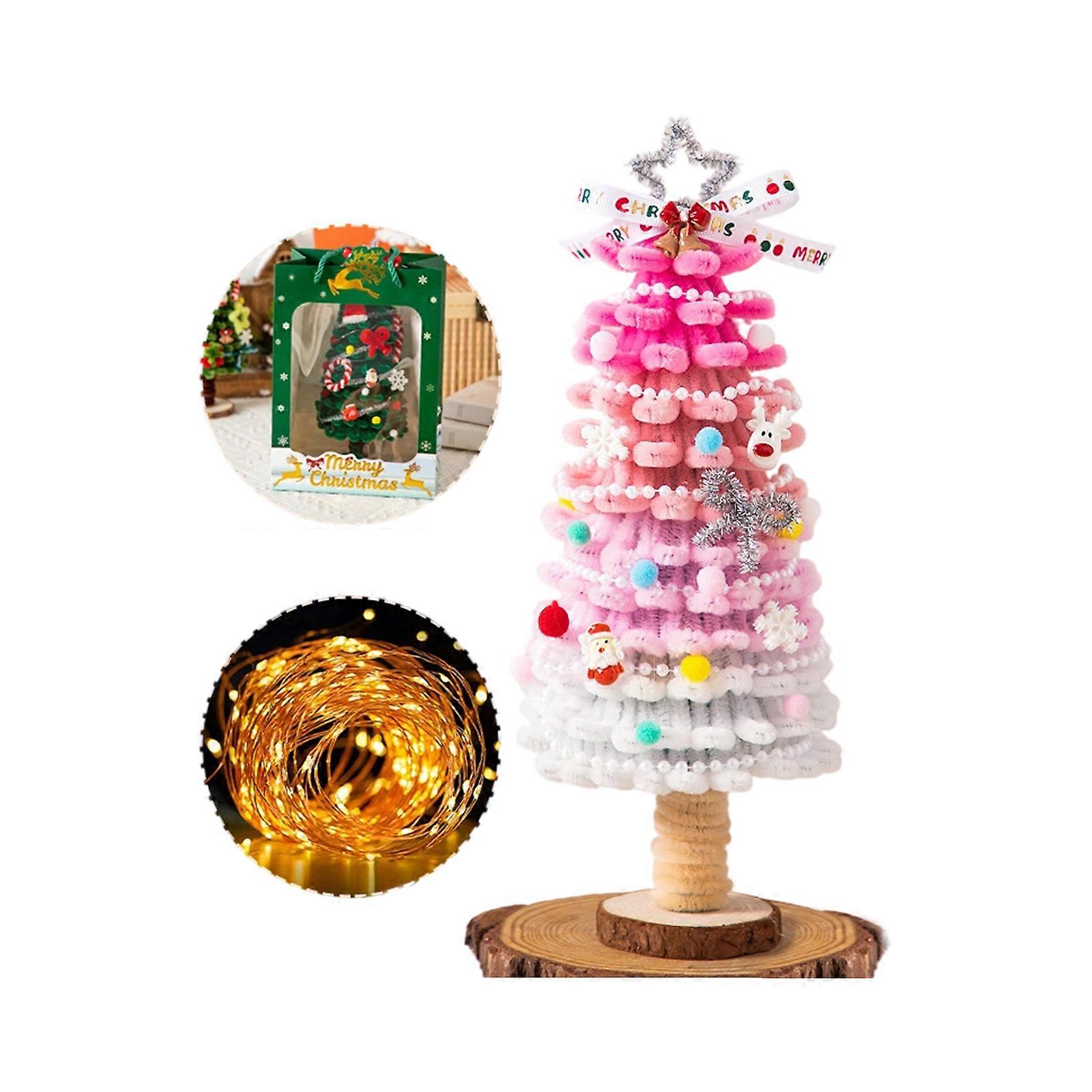 Children Christmas Tree Craft Set with Assorted Color Plush Stems for Christmas Party Table Centerpieces Home Decoration  Pink