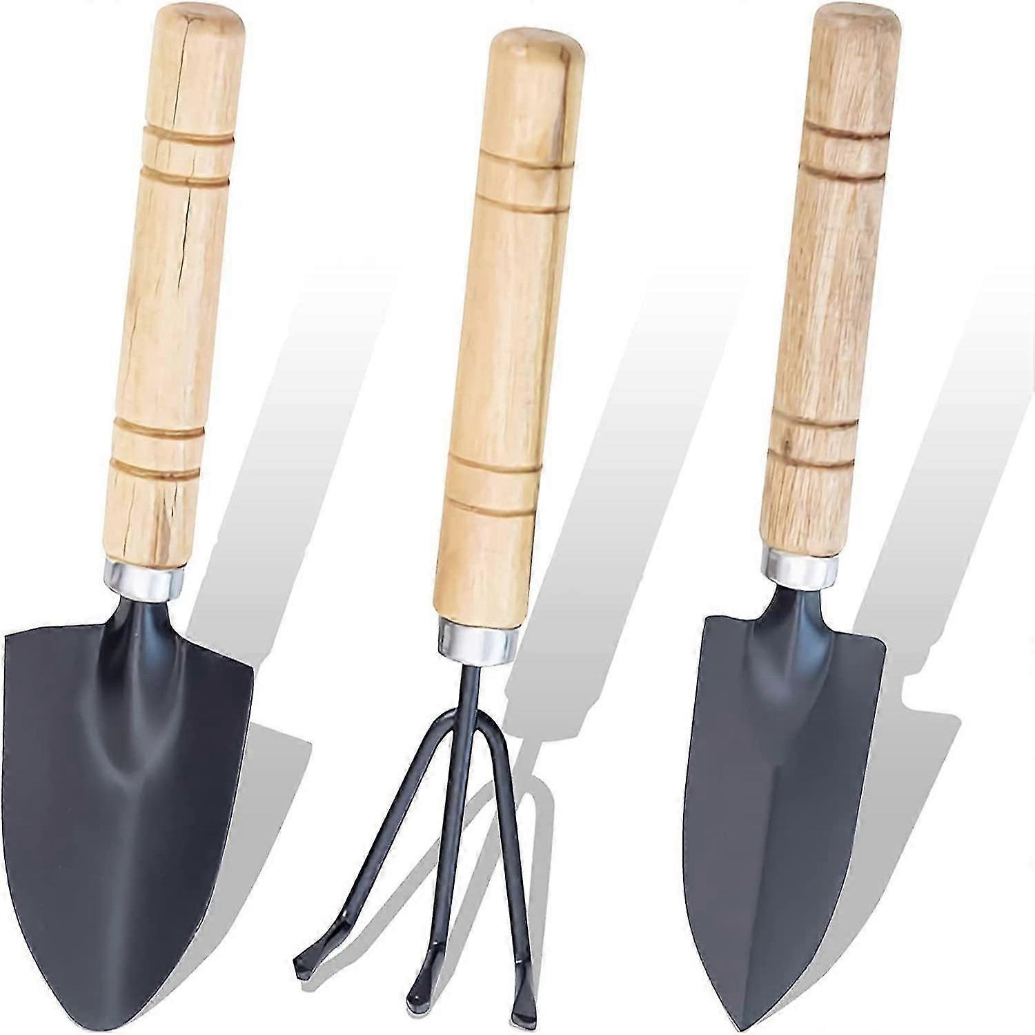 3-Piece Mini Garden Tool Set Bonsai Claw Rake Shovel Wooden Handle Handheld Tool