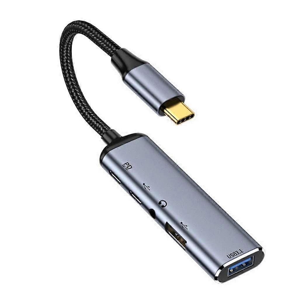 USB-C Type-C to Audio 3.5MM Dual USB 3.0 HUB Converter Multiport Adapter with Female 100W PD Power Port(Gray)