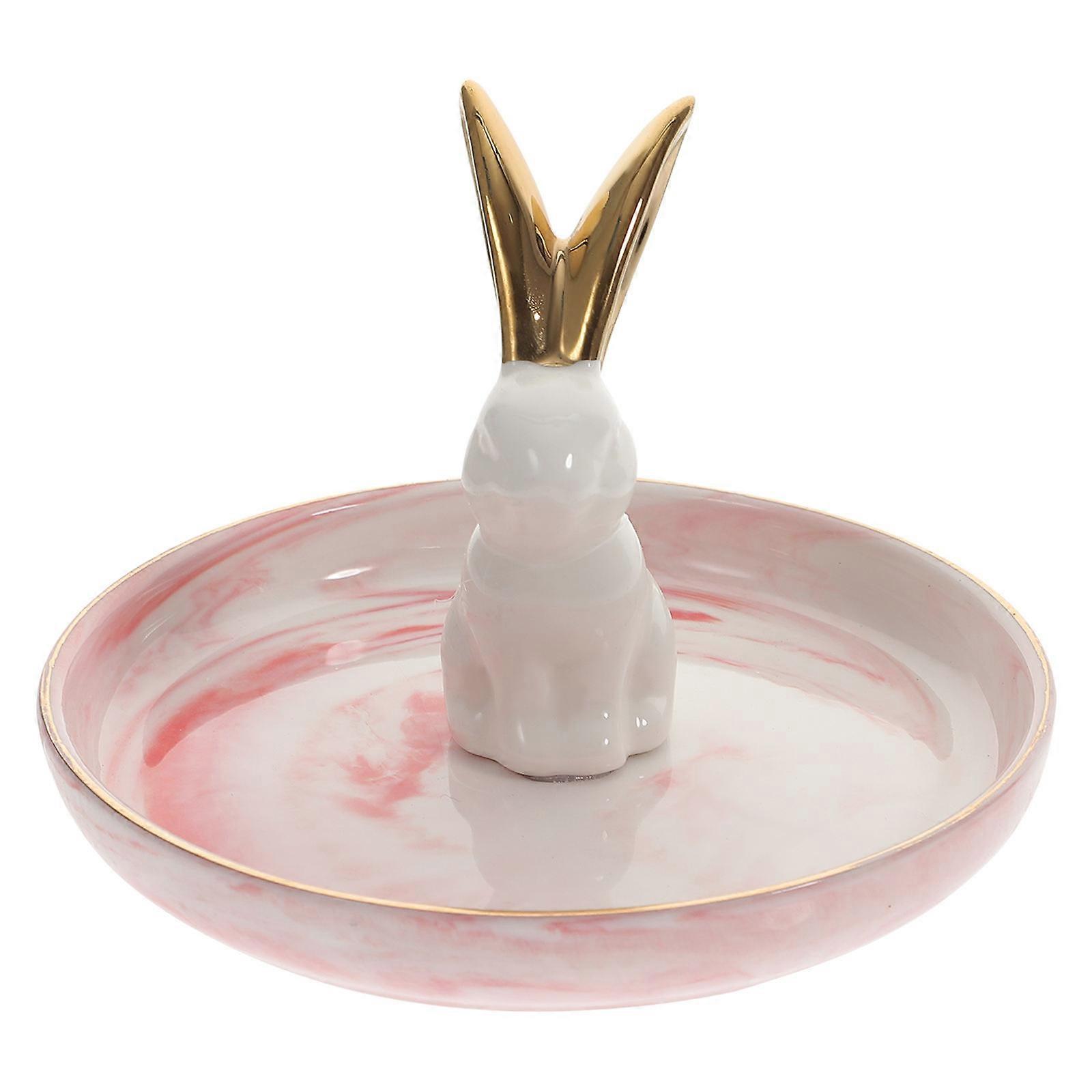 Pink Ceramic Ring Dish with Rabbit Decor for 4Pcs Jewelry Display