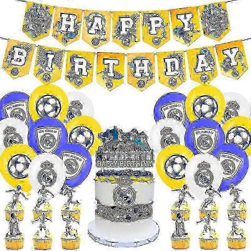 レアルマドリードをテーマにした誕生日パーティーの装飾ファンの少年サッカーチームの誕生日の旗ケーキカードバルーンアレンジメント