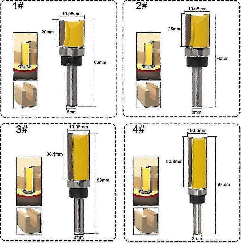 4pcs 8mm Shank Trim Pattern Router Bits Set Template Trim Router Bits Flush Finish Pattern Router Woodworking Milling Cutter Tool 20mm, 25mm, 38mm, 50