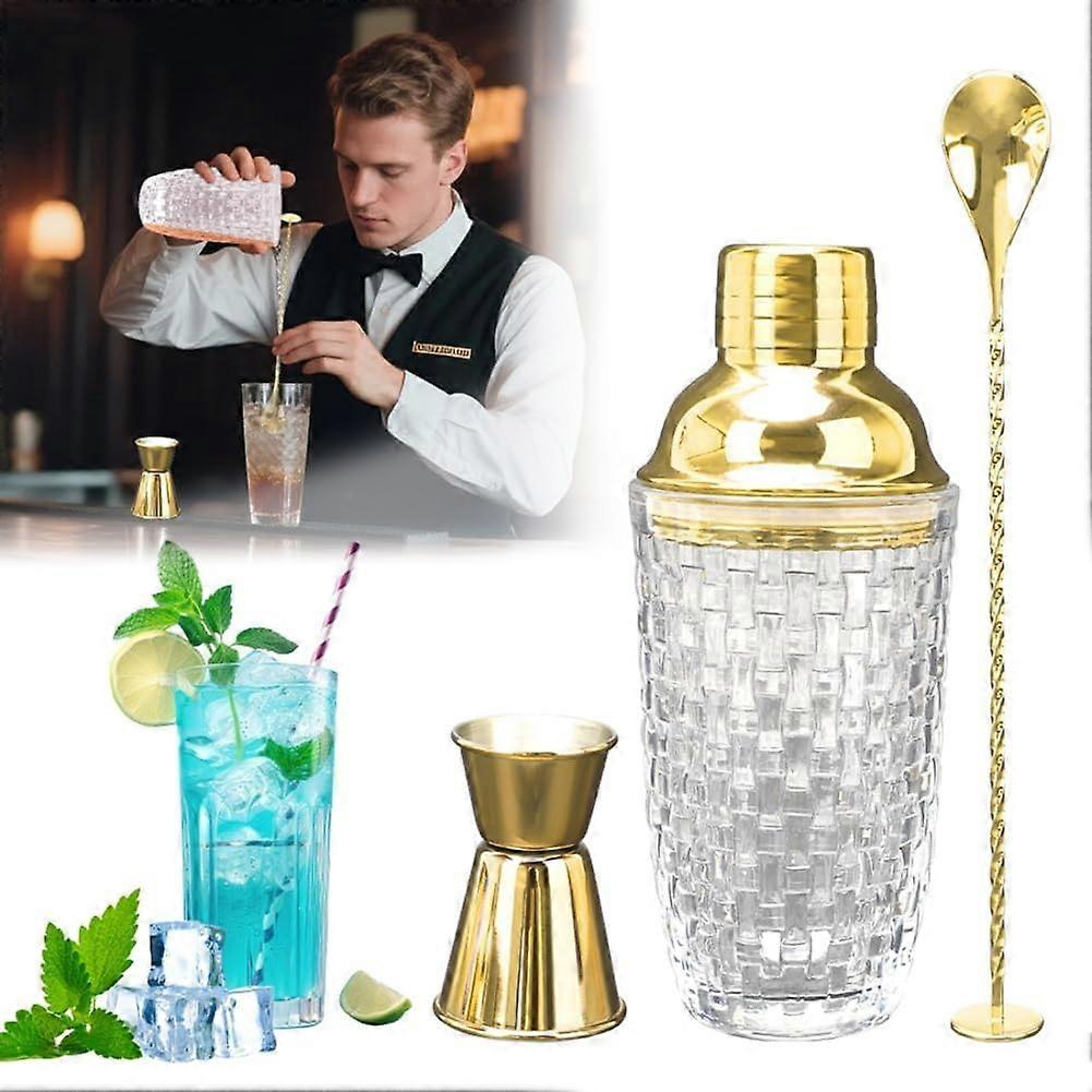 Cocktail Shaker 400 Ml Glass With Woven Pattern  3Piece Set For Cocktails And Mixers Includes Spoon