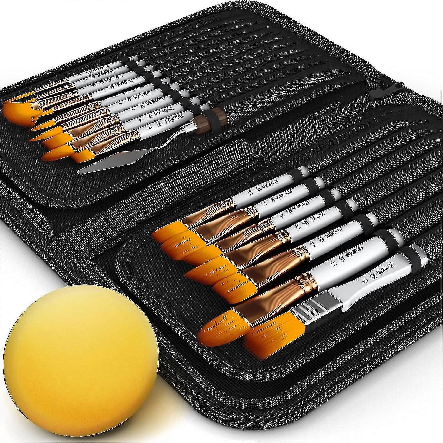 Paint Brush Set 15 Different Shapes + 1 Flat Brush - With Palette Knife And Sponge - Nylon Bristles And Ergonomic Non-slip Matte Silver Handle - With