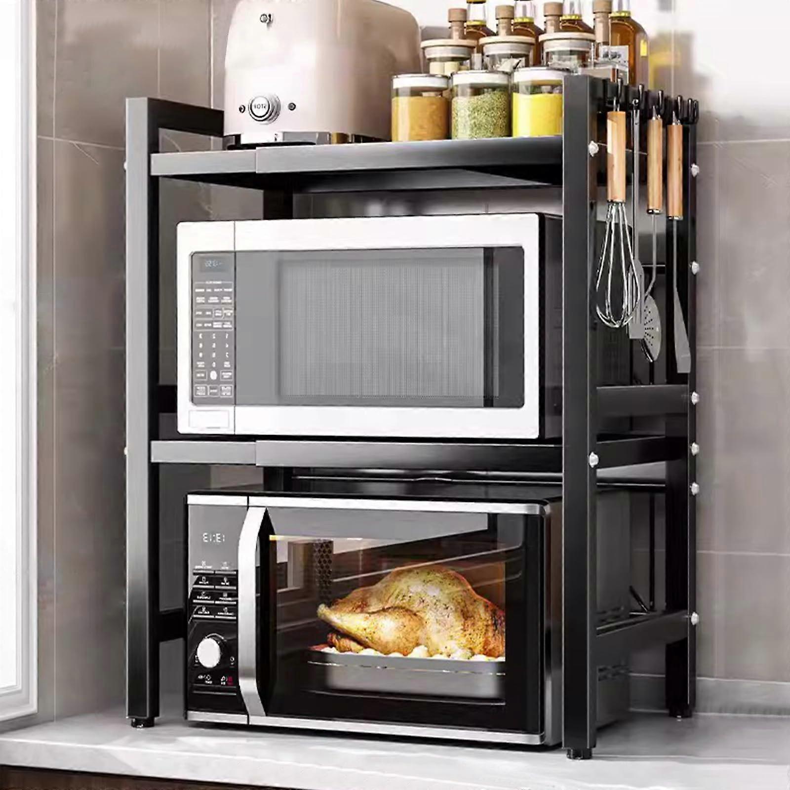 Microwave Oven Rack 3 Tier Adjustable Carbon Steel Shelf with 6 Hooks for Kitchen Counter Storage