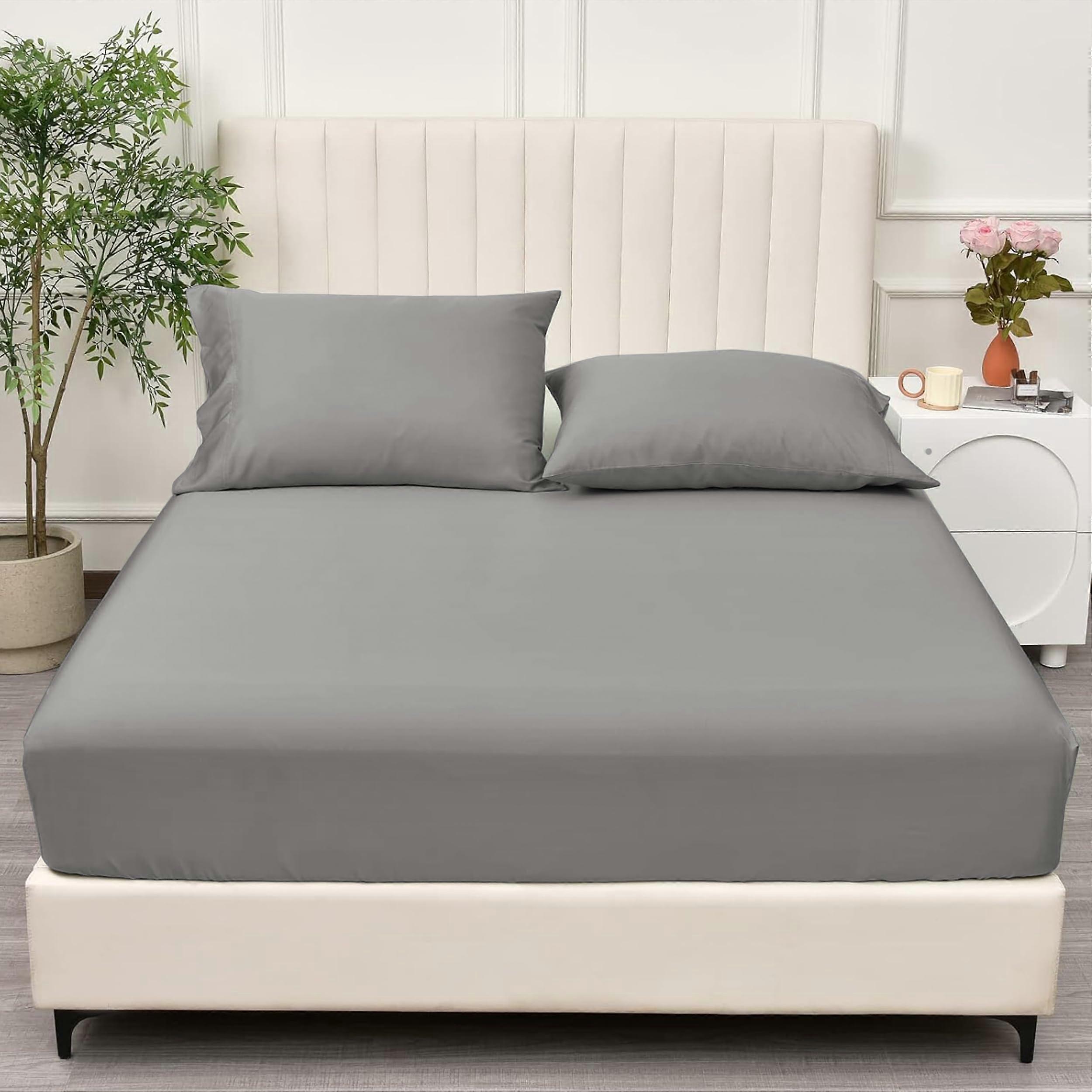 Brushed Microfiber Fitted Bed Sheet with 30cm Deep Pocket, Ultra Soft, Grey Double, Fade Resistant