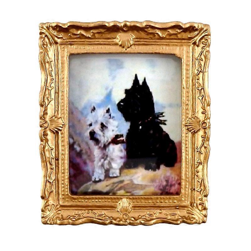 玩偶屋西部高地梗金色画框微型配件