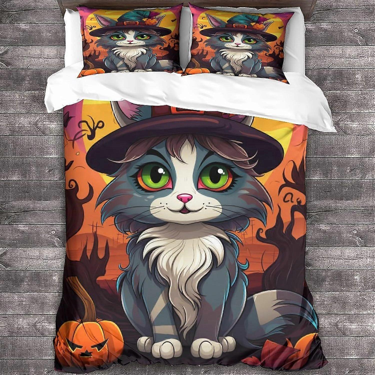 LikeEj Cat Style 3D Digital Print Halloween Bedding Sets Animal Print Duvet Cover Sets Soft Microfiber 3Pcs Quilt Cover com fechamento com zíper
