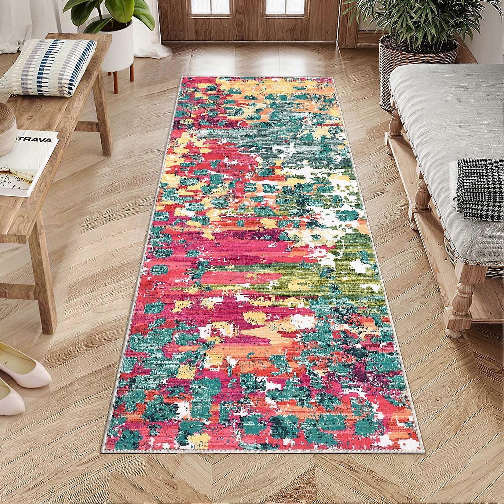 Haperlare Modern Abstract Runner Rug Non Slip Soft Rug Low Pile Stain Resistance Mat Carpet Colorful Throw Rug, 2' x 6' Red