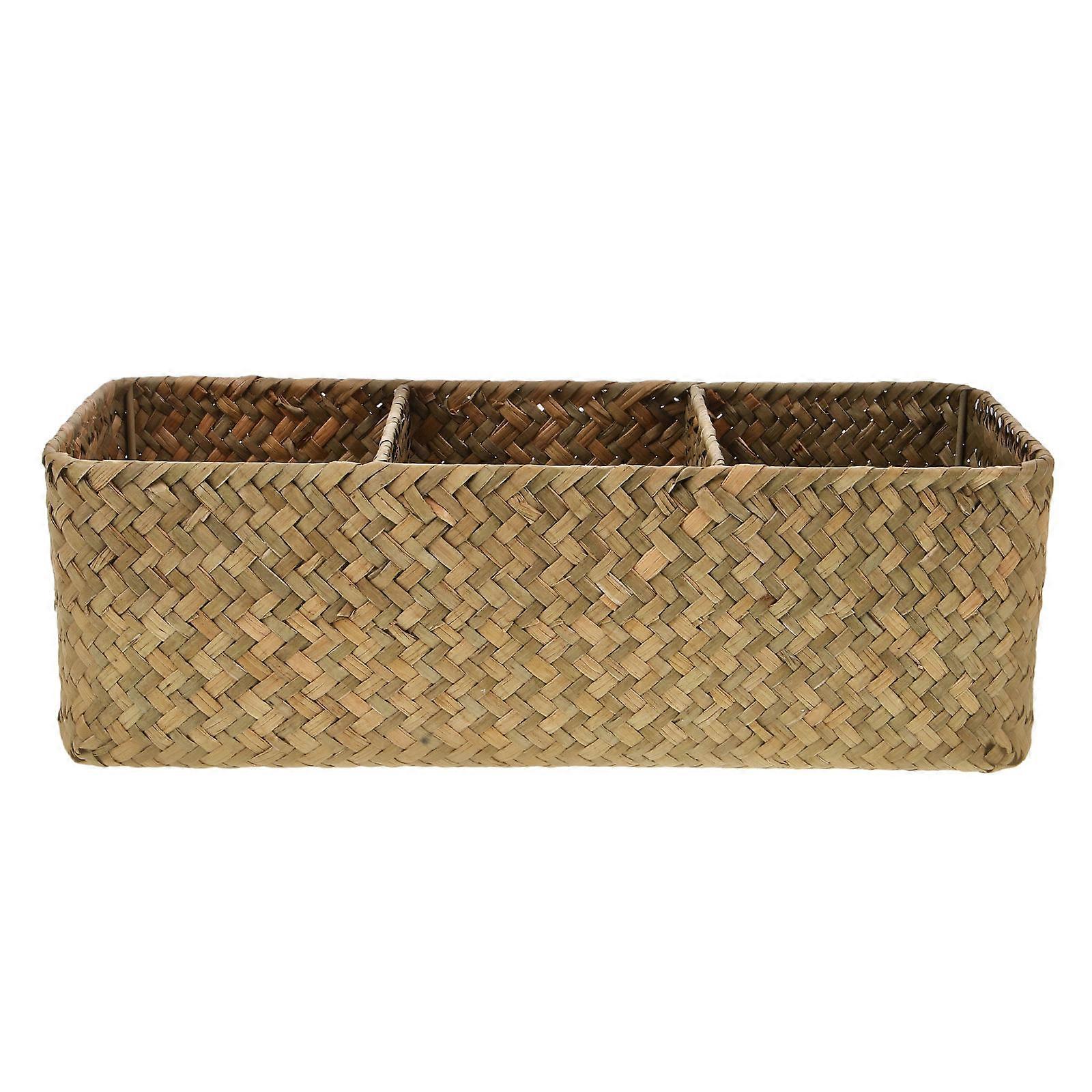Three-Compartment Handwoven Storage Bin For Home Organization Light Brown Material With 1Pcs