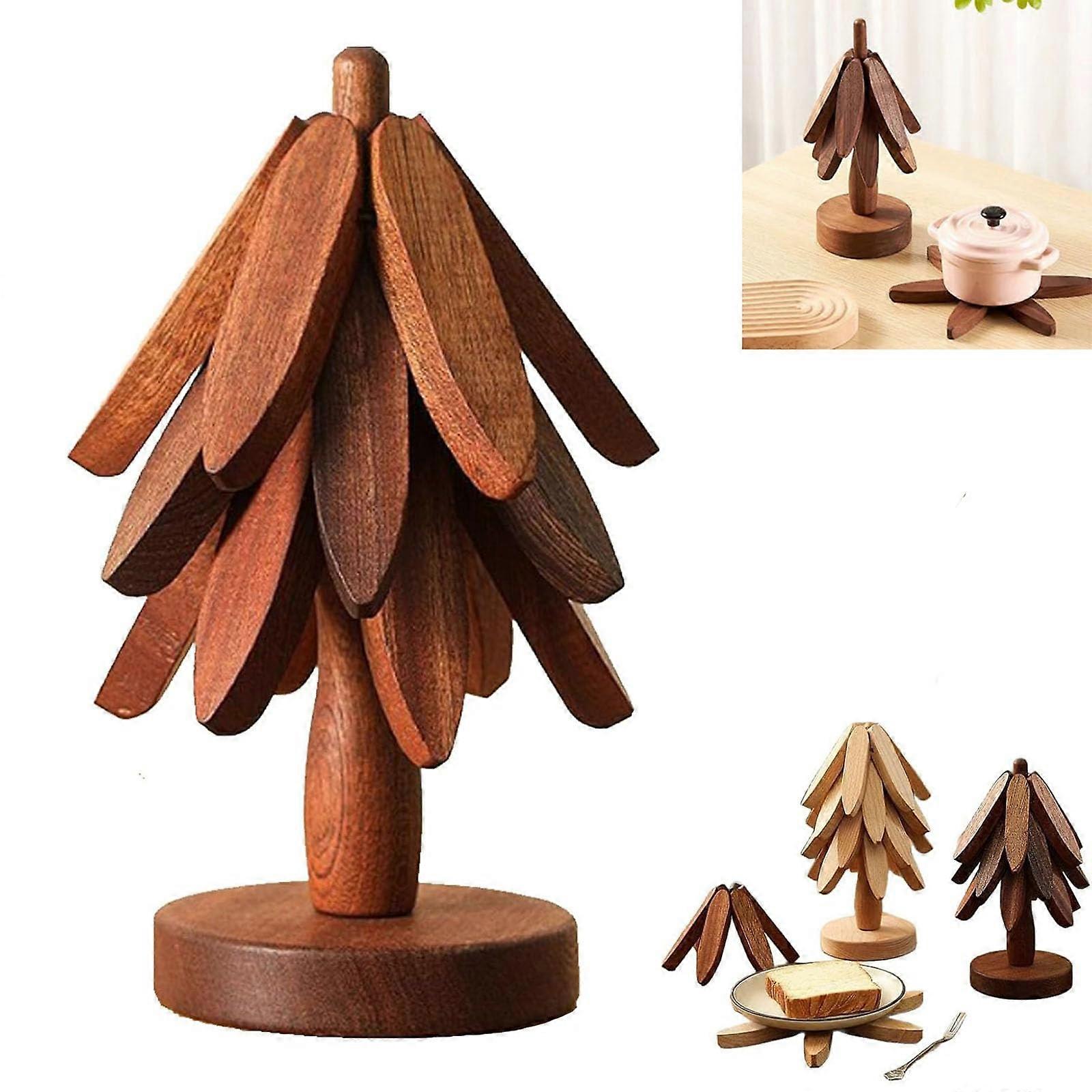 Wooden Trivet Set of 4 Solid Walnut Heat Resistant Pot Holders with Foldable Tree Design and Stand