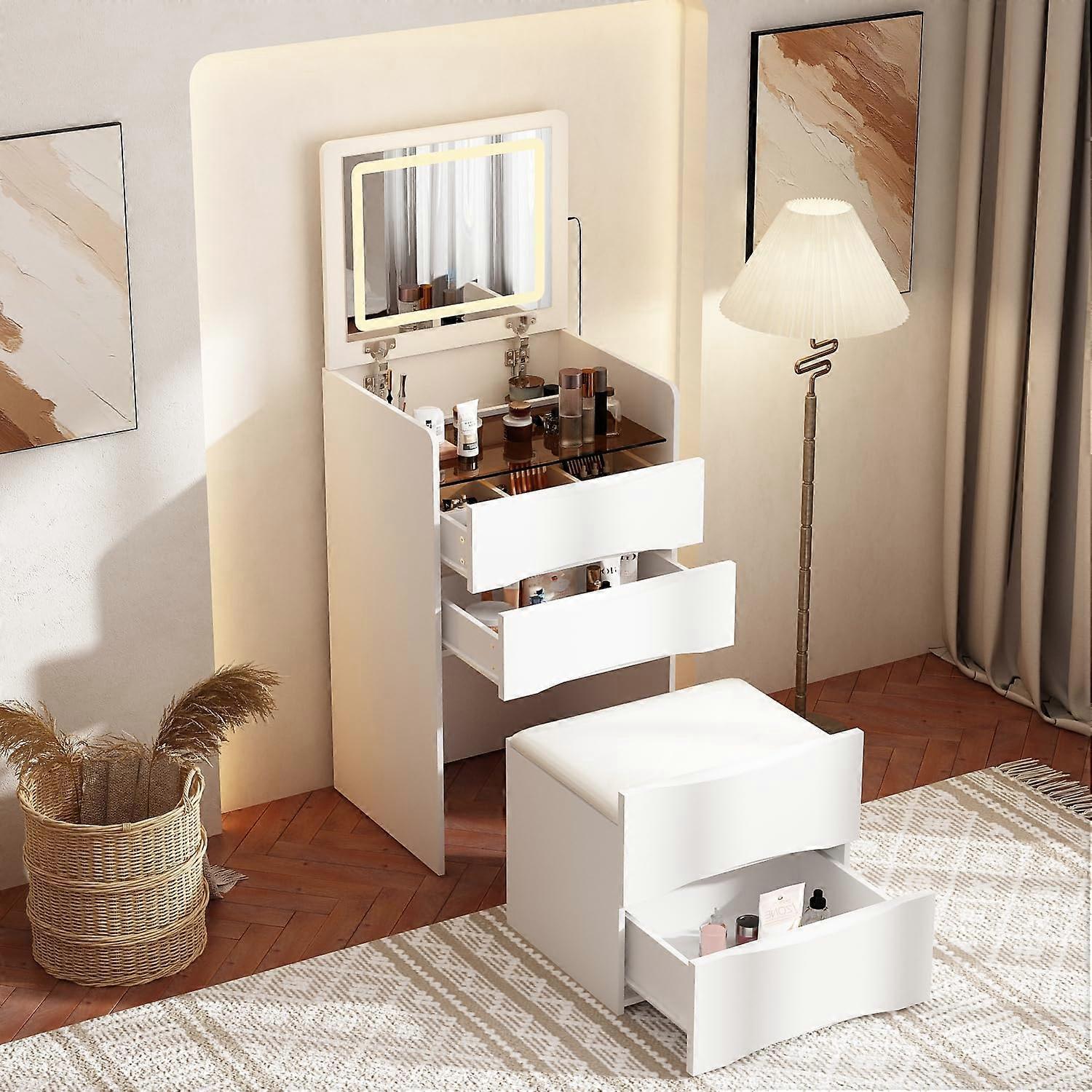 White Makeup Vanity Table with Adjustable Mirror Lights, Glass Shelf, Storage Drawers and Stool
