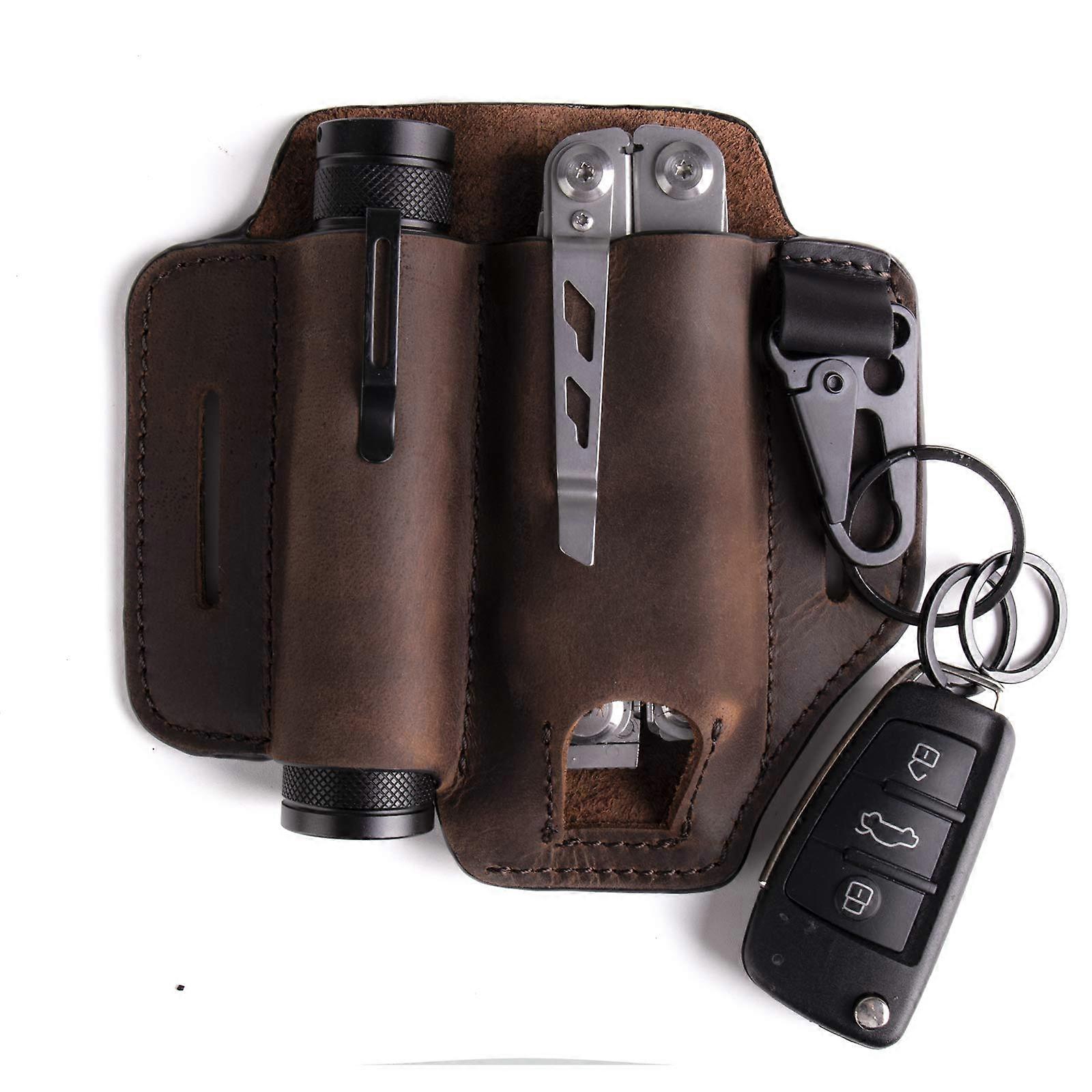 Leather Multitool Sheath Belt Holster with Flashlight Holder and Key Organizer Dark Brown