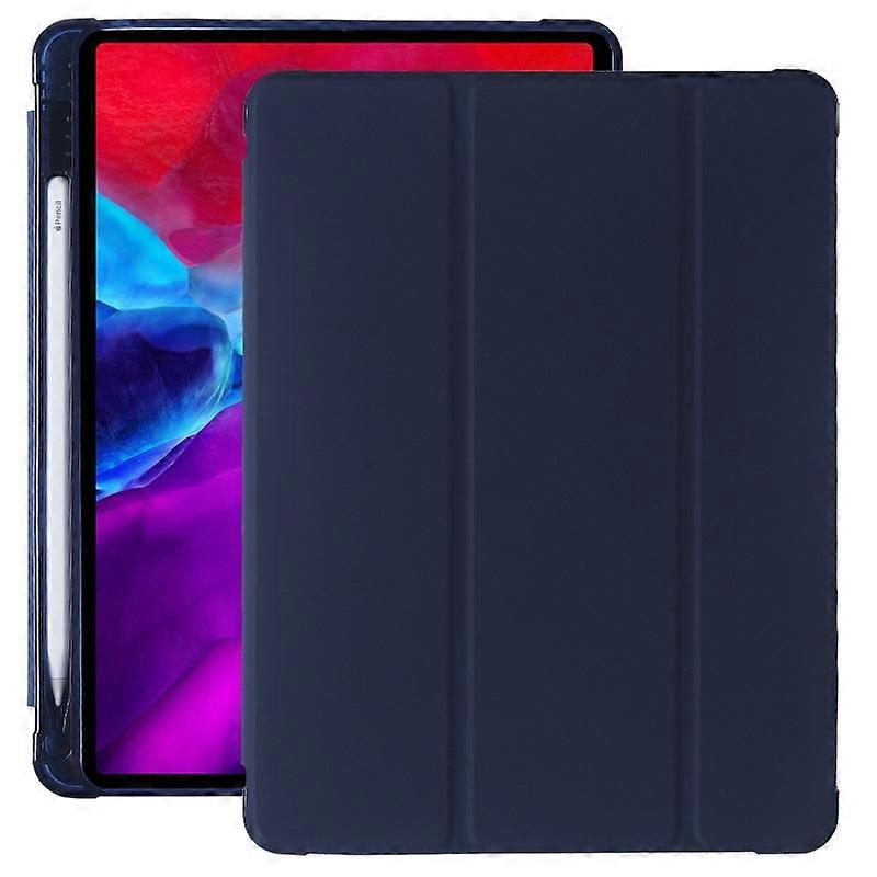 Capa elegante para iPad de 9,7 polegadas (2017/2018) em azul escuro com compartimento para caneta em couro macio.