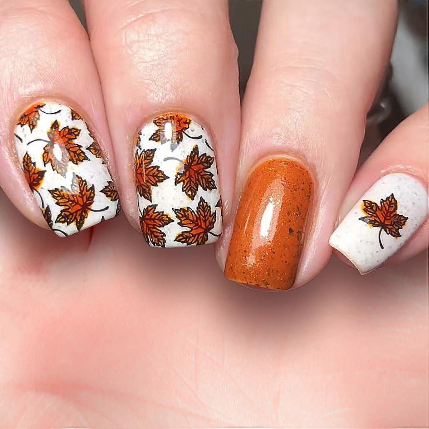 Fall Press On Nails Short Square Maple Leaf Orange Glitter Reusable Thanksgiving False Nails 24pcs