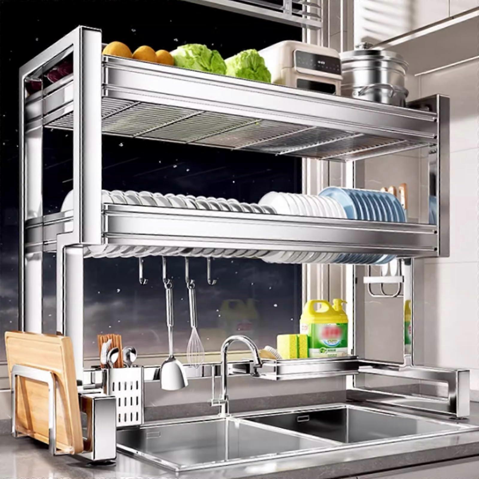 Over Sink Dish Drying Rack 2 Tier Adjustable Stainless Steel with Drainage SpaceSaving 96cm Kitchen Organizer
